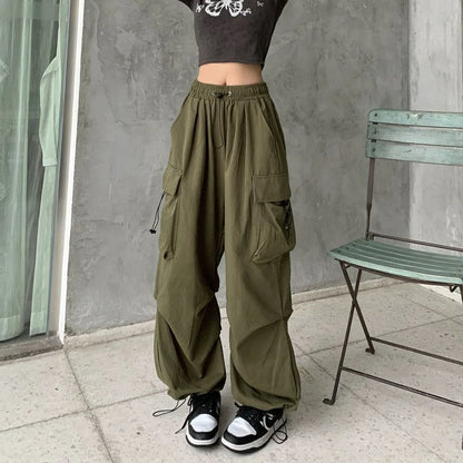 Y2K Black Parachute Cargo Pants – Oversized Wide Leg Streetwear Trousers