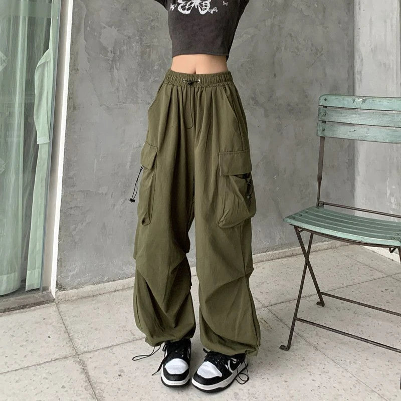 Y2K Black Parachute Cargo Pants – Oversized Wide Leg Streetwear Trousers