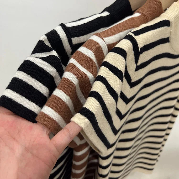 Women’s Striped Mock Neck Knit Top – Slim Fit Cropped Sweater Tee