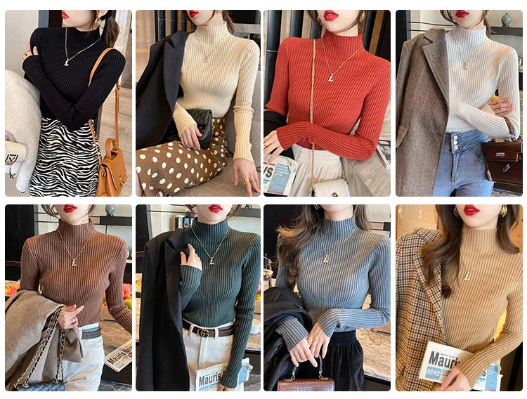 Women’s Minimal Mock Neck Knit Top – Slim Fit Long Sleeve Sweater