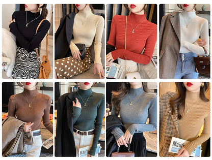 Women’s Minimal Mock Neck Knit Top – Slim Fit Long Sleeve Sweater