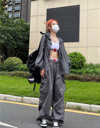 Y2K Black Parachute Cargo Pants – Oversized Wide Leg Streetwear Trousers