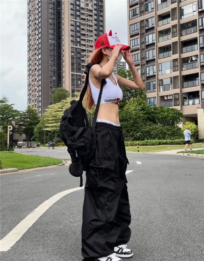 Y2K Black Parachute Cargo Pants – Oversized Wide Leg Streetwear Trousers