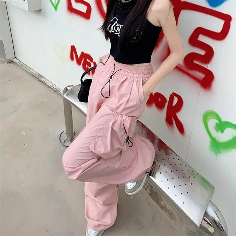 Y2K Black Parachute Cargo Pants – Oversized Wide Leg Streetwear Trousers