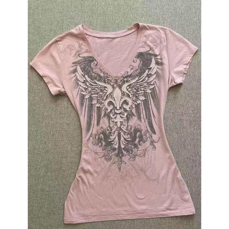 Y2K Vintage V-Neck Graphic T-Shirt – Punk Chic Streetwear Tee