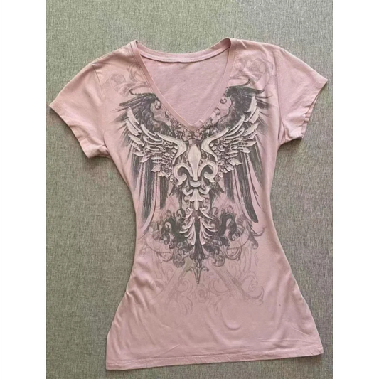 Y2K Vintage V-Neck Graphic T-Shirt – Punk Chic Streetwear Tee