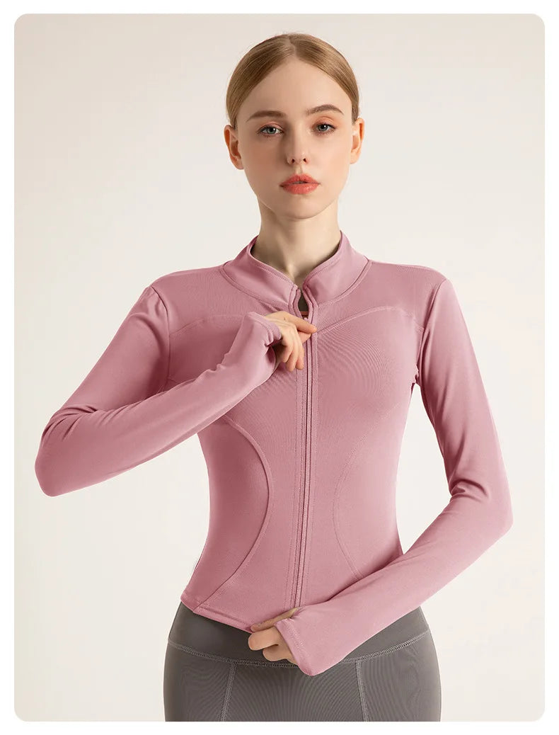 Women’s Stand Collar Yoga Jacket – Slim Fit Zip-Up Gym & Pilates Top with Thumb Holes