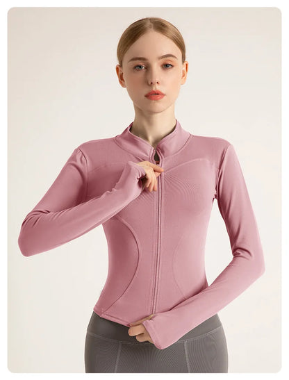 Women’s Stand Collar Yoga Jacket – Slim Fit Zip-Up Gym & Pilates Top with Thumb Holes
