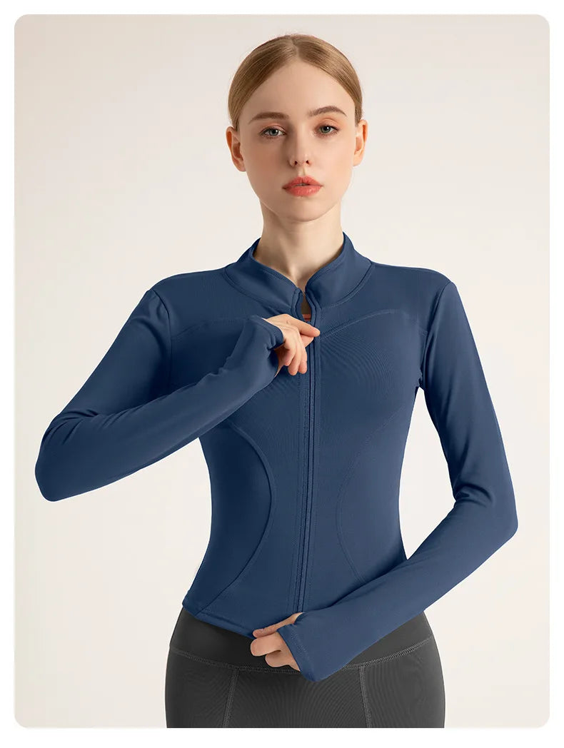 Women’s Stand Collar Yoga Jacket – Slim Fit Zip-Up Gym & Pilates Top with Thumb Holes