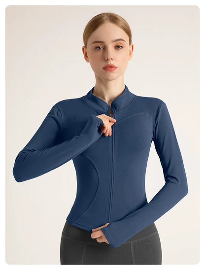 Women’s Stand Collar Yoga Jacket – Slim Fit Zip-Up Gym & Pilates Top with Thumb Holes