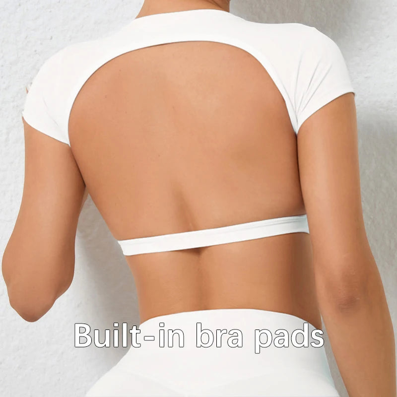 Women’s Backless Sports Crop Top – Slim Fit Yoga & Gym Training Shirt