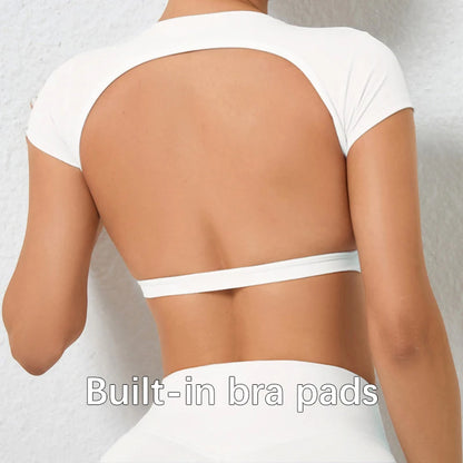 Women’s Backless Sports Crop Top – Slim Fit Yoga & Gym Training Shirt
