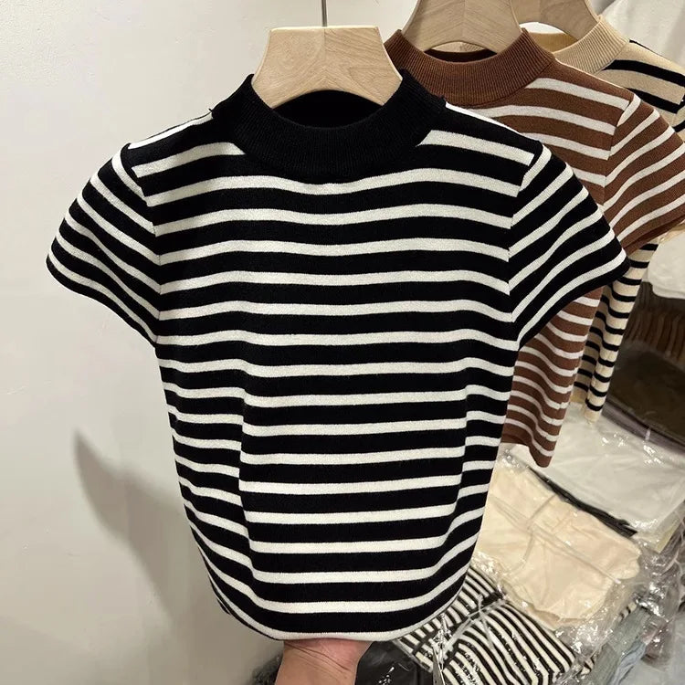 Women’s Striped Mock Neck Knit Top – Slim Fit Cropped Sweater Tee