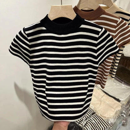 Women’s Striped Mock Neck Knit Top – Slim Fit Cropped Sweater Tee
