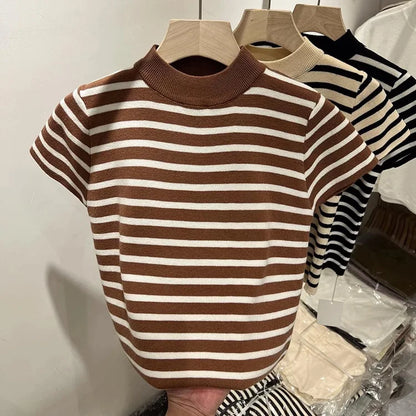 Women’s Striped Mock Neck Knit Top – Slim Fit Cropped Sweater Tee