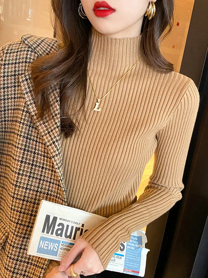 Women’s Minimal Mock Neck Knit Top – Slim Fit Long Sleeve Sweater