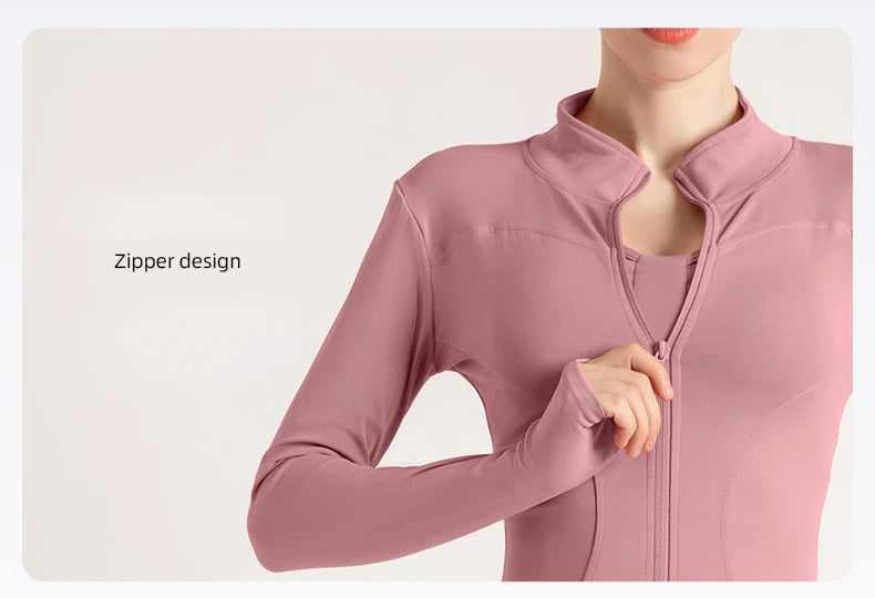 Women’s Stand Collar Yoga Jacket – Slim Fit Zip-Up Gym & Pilates Top with Thumb Holes