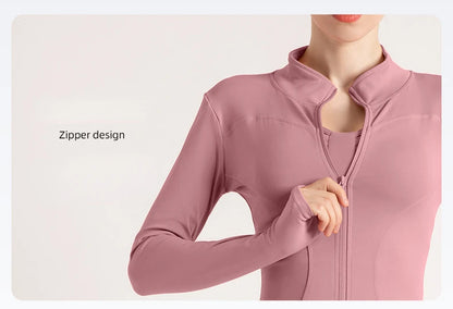 Women’s Stand Collar Yoga Jacket – Slim Fit Zip-Up Gym & Pilates Top with Thumb Holes