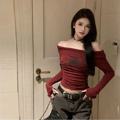 Y2K Gothic Off-Shoulder Top – Grunge Fairycore Long Sleeve Tee