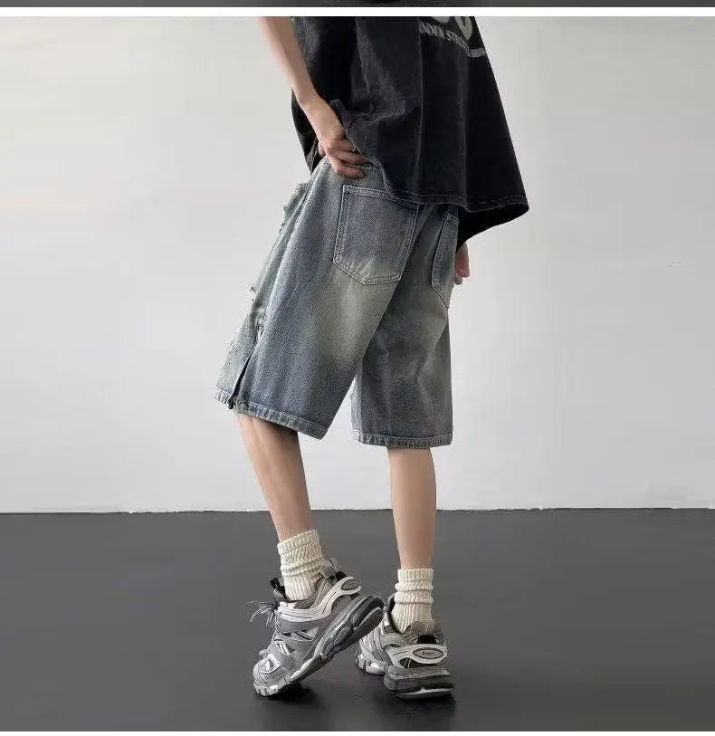 Men’s Ripped Denim Bermuda Shorts – Gothic Streetwear Knee-Length Jorts