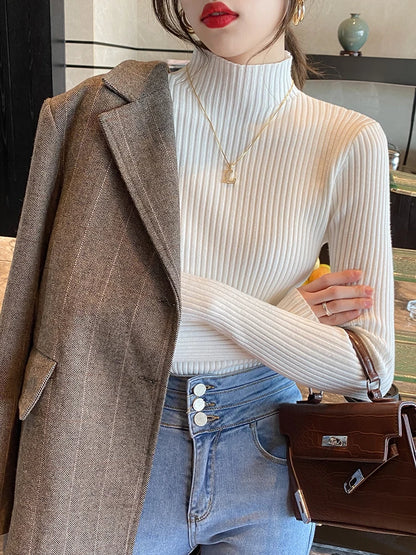 Women’s Minimal Mock Neck Knit Top – Slim Fit Long Sleeve Sweater