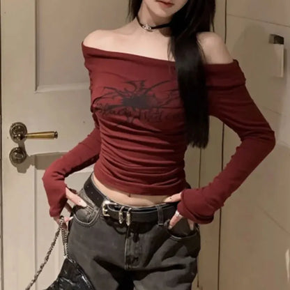 Y2K Gothic Off-Shoulder Top – Grunge Fairycore Long Sleeve Tee