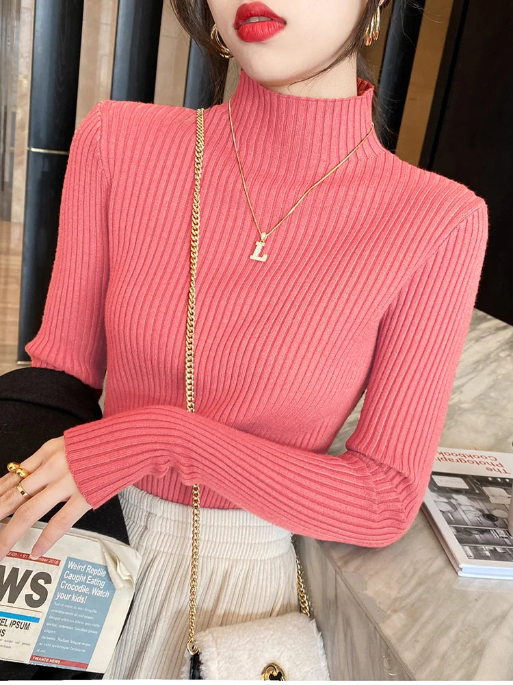 Women’s Minimal Mock Neck Knit Top – Slim Fit Long Sleeve Sweater