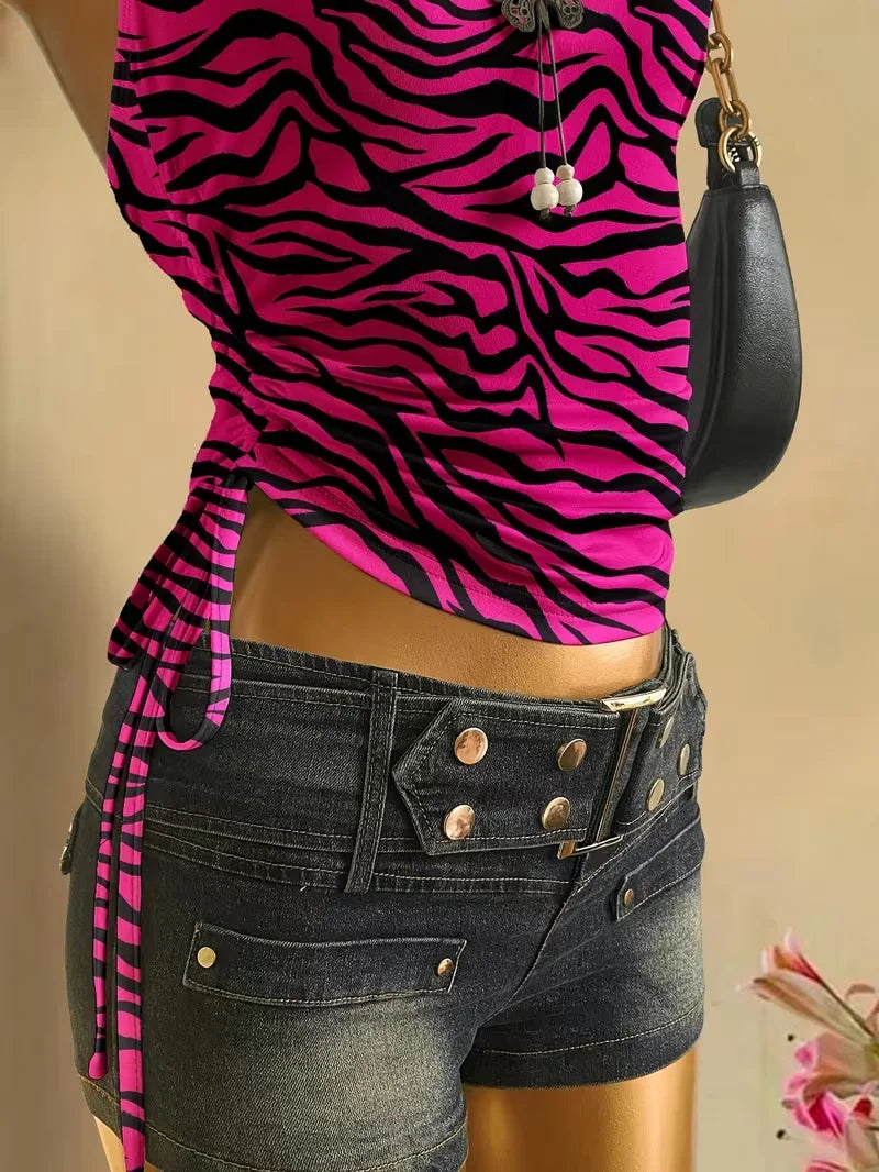 Leopard & Zebra Lace-Up Crop Top – Backless Statement Summer Tank